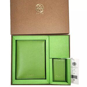 Tory Burch Passport Case & Luggage Tag Wasabi Pebbled Leather Gift Set NEW Box